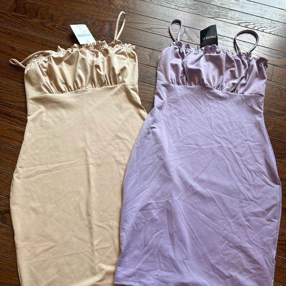 Forever 21 Cream and Purple Ruched Bodycon Mini Dress